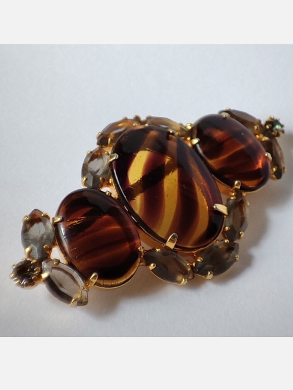 Glass Tortoise Striped Prong Set Brooch Gold Tone Smoke Open Back Prong Set Pin